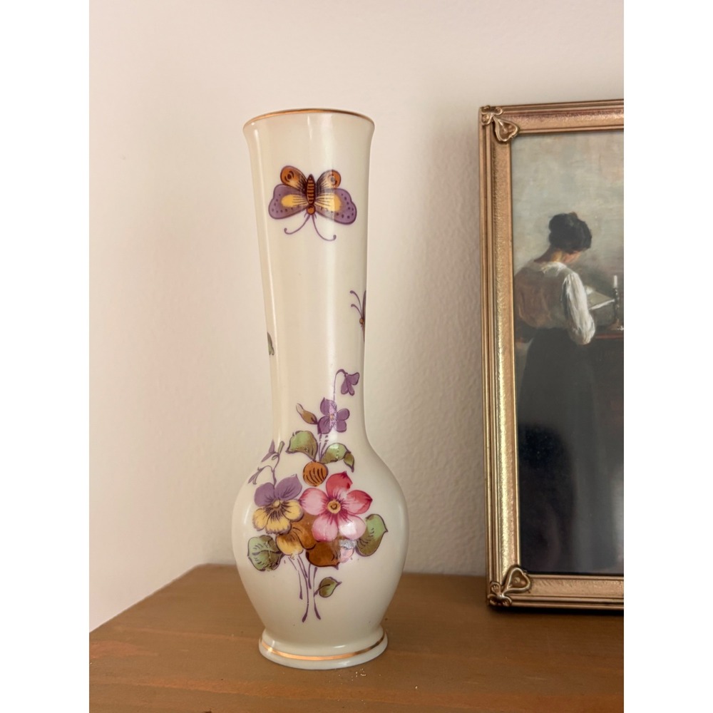 Lefton China Vintage Hand Painted Floral Butterfly Bud Vase Gold Trim